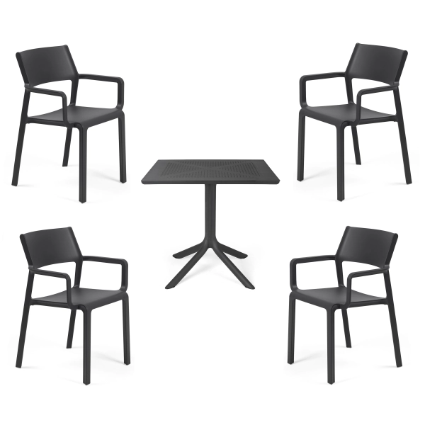 Zestaw mebli ogrodowych stolik kwadratowy CLIP 80 cm i czterykrzesła z podłokietnikiem TRILL ANTHRACITE antracyt, Nardi