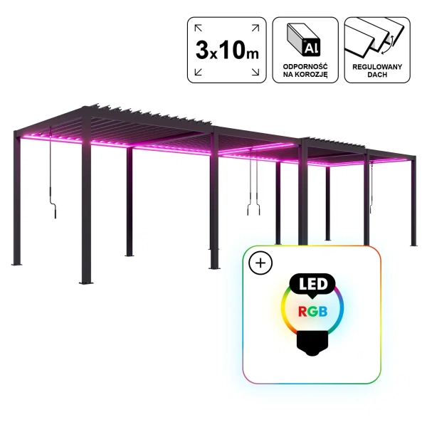 Pergola ogrodowa tarasowa aluminiowa NORDVIC Skyline LED Light 3x10 m Antracyt