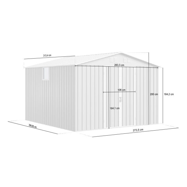 Domek ogrodowy narzędziowy metalowy NORDVIC Thor 283x313 cm - uchylne Drzwi, Ocynkowany, Dwuspadowy Dach, Wentylacja, Light Grey