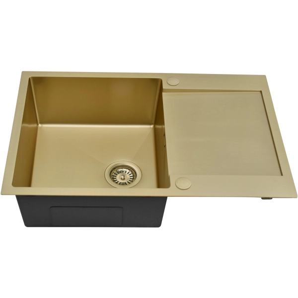 Zlewozmywak stalowy MASIVO 160 PVD złoty 78x49 cm FM z ukrytym przelewem i syfonem manualnym Save Space, Ruvetti