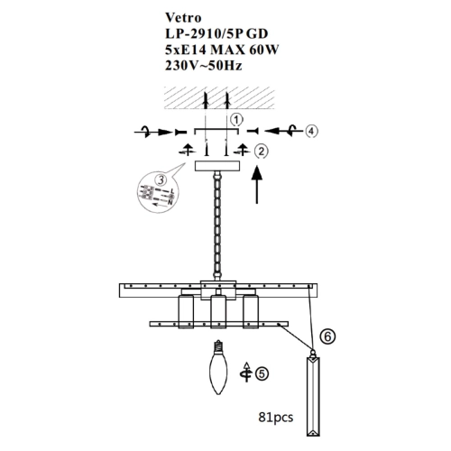 Lampa wisząca Vetro 5 antyczne złoto 5xE14