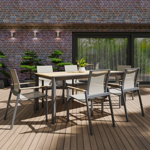 Zestaw jadalniany ogrodowy BELLANTI Verona Luna 6-osobowy Dark Grey – aluminiowy stół z blatem teak i krzesłami