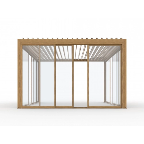 Pergola ogrodowa tarasowa aluminiowa elektryczna LUXE 3 x 4 m Drewno z oświetleniem LED
