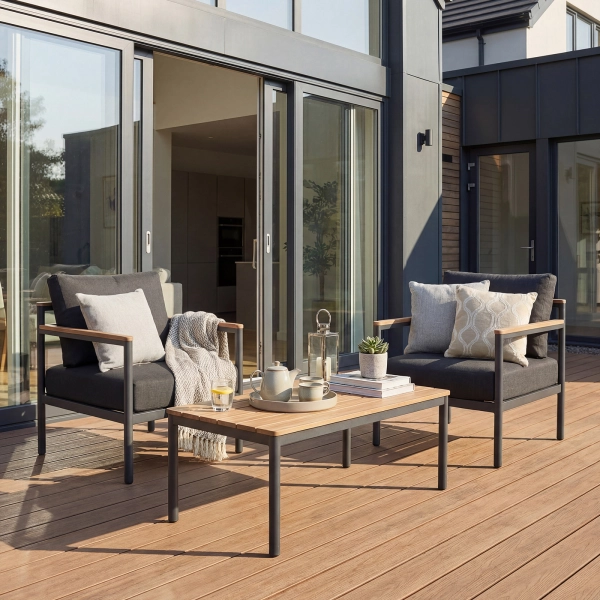 Zestaw Wypoczynkowy Aluminiowy BELLANTI Bucine 2 osobowy + stolik | Czarny | Teak