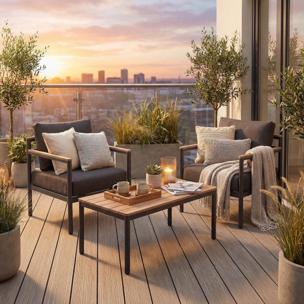 Zestaw Wypoczynkowy Aluminiowy BELLANTI Bucine 2 osobowy + stolik | Czarny | Teak