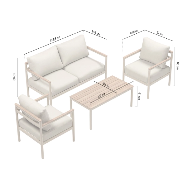 Zestaw Wypoczynkowy Aluminiowy BELLANTI Bucine 3 osobowy + stolik | Beż | Teak