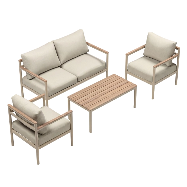Zestaw Wypoczynkowy Aluminiowy BELLANTI Bucine 4 osobowy + stolik | Beż | Teak