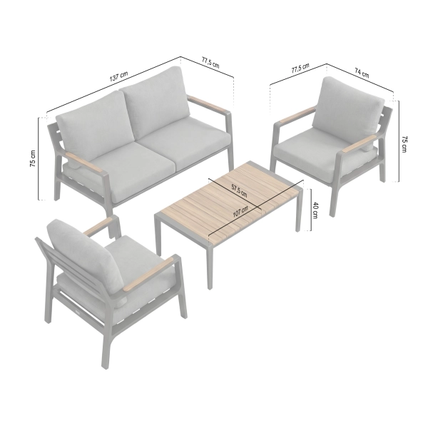 Zestaw Wypoczynkowy Aluminiowy BELLANTI Certaldo 4 osobowy + stolik | Antracyt | Szary | Teak