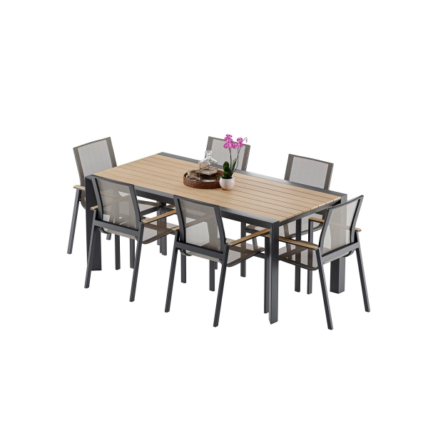 Zestaw jadalniany ogrodowy BELLANTI Verona Luna 6-osobowy | Dark Grey – aluminiowy stół z blatem teak i krzesłami