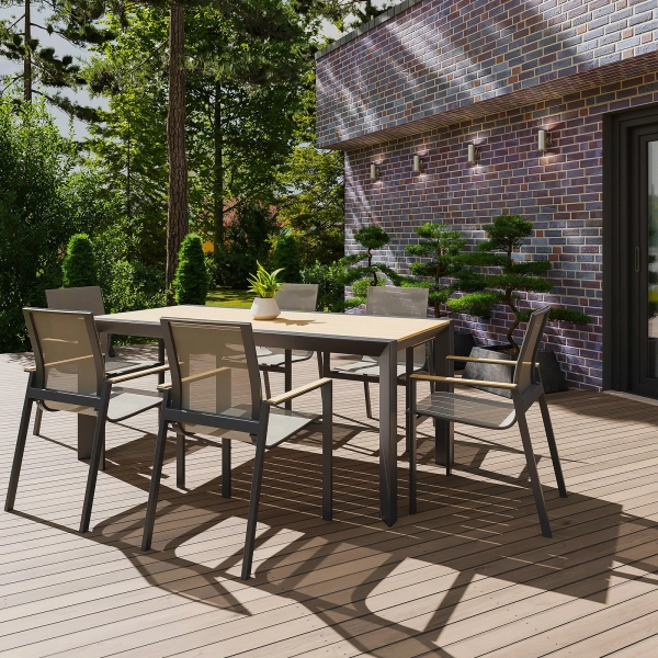 Zestaw jadalniany ogrodowy BELLANTI Verona Luna 6-osobowy | Dark Grey – aluminiowy stół z blatem teak i krzesłami