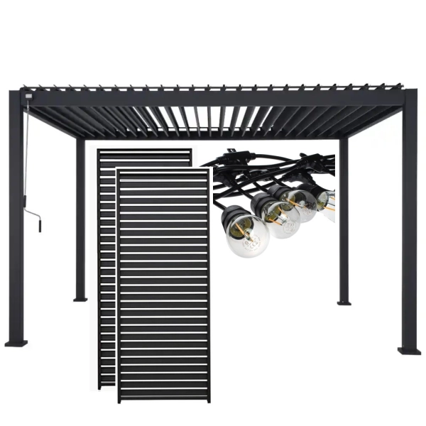 Zestaw Pergola bioklimatyczna aluminiowo-stalowa MIRADOR Element 88 - 3 x 4 m + 2 x Żaluzja + Girlanda | Antracyt