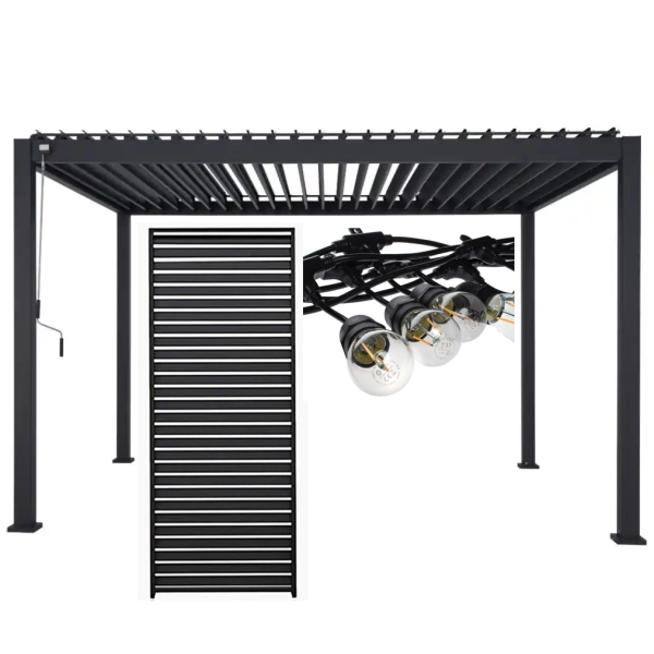 Zestaw Pergola bioklimatyczna aluminiowo-stalowa MIRADOR Element 88 - 3 x 4 m + Żaluzja + Girlanda | Antracyt
