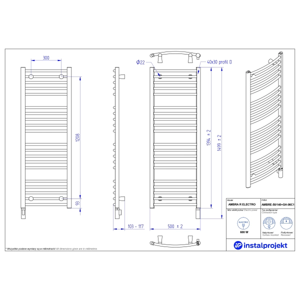 Grzejnik elektryczny AMBRA R Electro biały połysk 50x140 cm AMBRE-50/140+GH-06C1 Instal Projekt