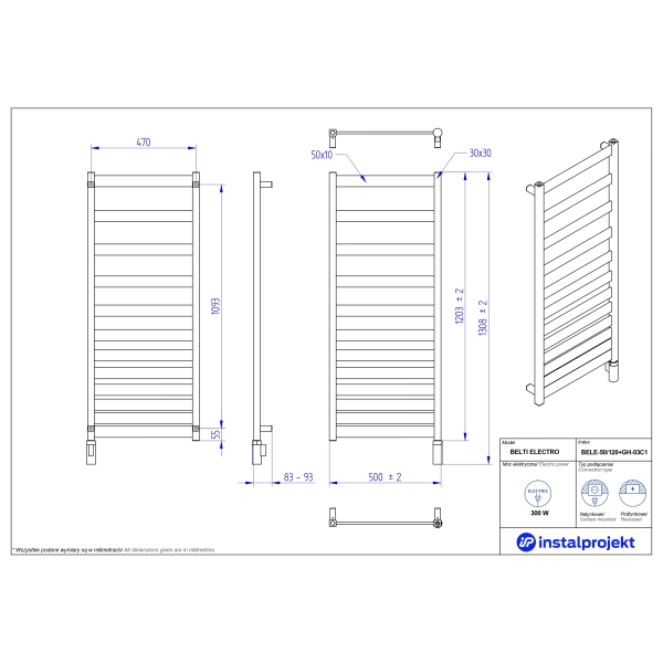 Grzejnik elektryczny BELTI Electro biały mat 50x120 cm BELE-50/120C34+GH-03C1 Instal Projekt
