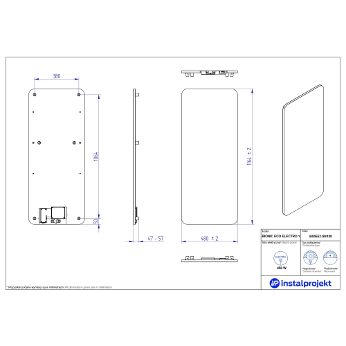 Grzejnik elektryczny BIONIC Eco Electro srebrny 50x120 cm BIOEE1-50/120C17B Instal Projekt