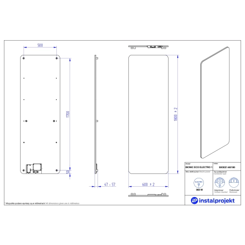 Grzejnik elektryczny BIONIC Eco Electro srebrny 60x180 cm BIOEE1-60/180C17B Instal Projekt