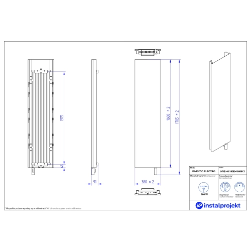 Grzejnik elektryczny INVENTIO Electro biały, ekran złoty mat c84 40x160 cm INVE-40/160E84+GH-06C1 Instal Projekt