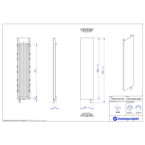 Grzejnik elektryczny INVENTIO Electro biały, ekran kremowy 40x180 cm INVE-40/180E37+GH-06C1 Instal Projekt