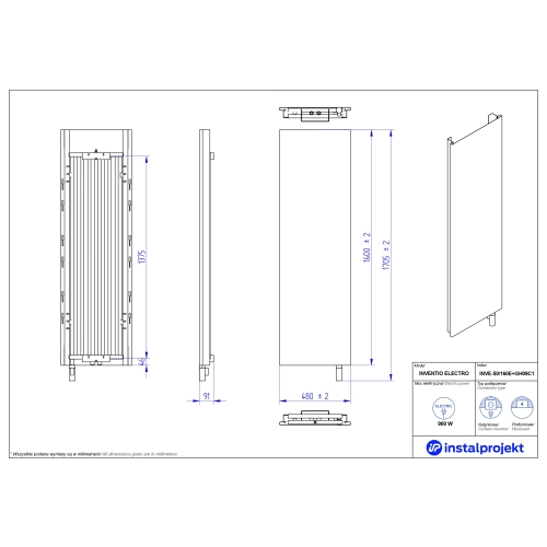 Grzejnik elektryczny  Instal Projekt Inventio Electro biały/silk ekran biały c36 50x160 cm INVE-50/160E36+GH-09C1