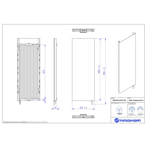 Grzejnik elektryczny INVENTIO Electro biały, ekran złoty mat c84 70x180 cm INVE-70/180E84+GH-12C1 Instal Projekt