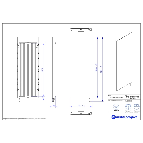 Grzejnik elektryczny INVENTIO Electro Eclectic biały ekran biały f. szkl. stiuk 70x180 cm INVE-70/180E34FS20+GH-12C1 Instal Projekt