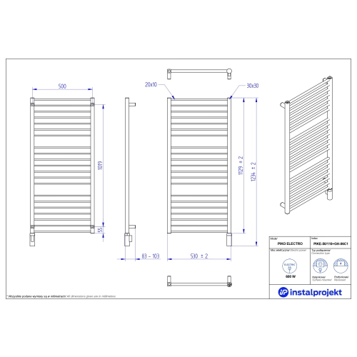 Grzejnik elektryczny PIKO Electro czarny 50x110 cm PIKE-50/110C75+GH-06C2 Instal Projekt