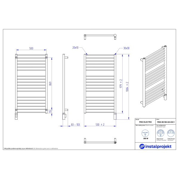 Grzejnik elektryczny PIKO Electro czarny 50x100 cm PIKE-50/100C75+GH-04C2 Instal Projekt