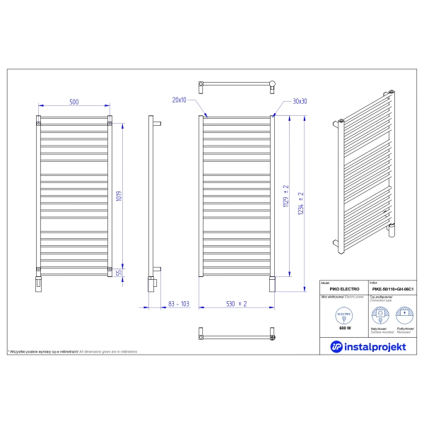 Grzejnik elektryczny PIKO Electro biały mat 50x110 cm PIKE-50/110C34+GH-06C1 Instal Projekt