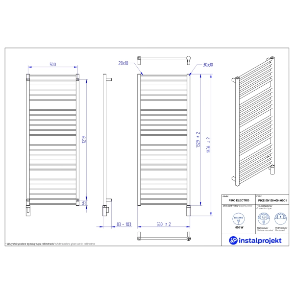 Grzejnik elektryczny PIKO Electro biały mat 50x130 cm PIKE-50/130C34+GH-06C1 Instal Projekt