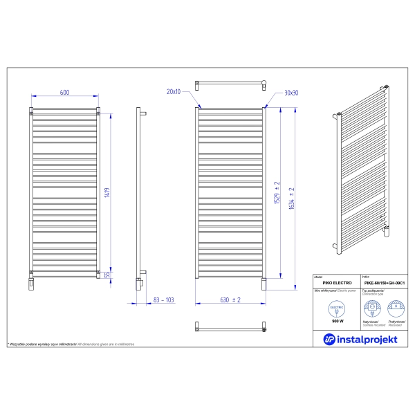 Grzejnik elektryczny PIKO Electro biały mat 60x150 cm PIKE-60/150C34+GH-09C1 Instal Projekt