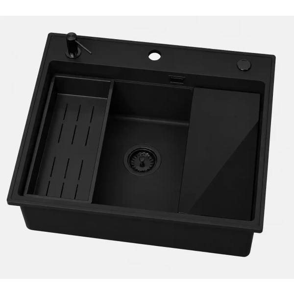 Zlewozmywak granitowy ABSOL 60 czarny Full Black 56x50 cm z syfonem i akcesoriami, Ruvetti