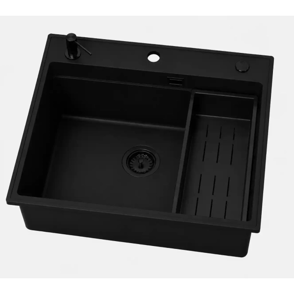 Zlewozmywak granitowy ABSOL 60 czarny Full Black 56x50 cm z syfonem i akcesoriami, Ruvetti