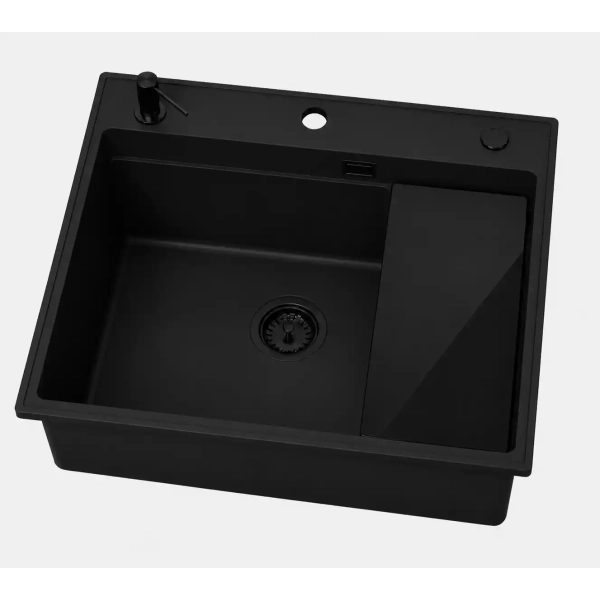 Zlewozmywak granitowy ABSOL 60 czarny Full Black 56x50 cm z syfonem i akcesoriami, Ruvetti