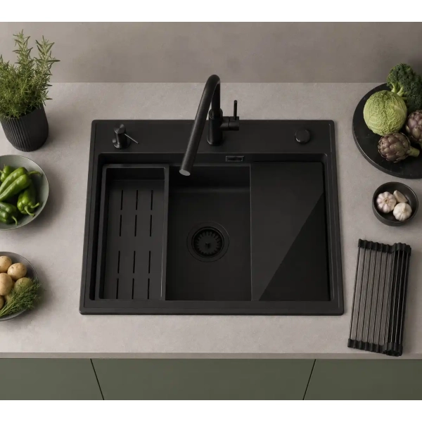 Zlewozmywak granitowy ABSOL 60 czarny Full Black 56x50 cm z syfonem i akcesoriami, Ruvetti