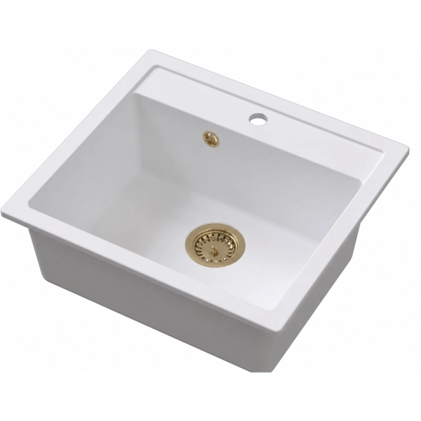 Zlewozmywak granitowy DITTO 60 biały 56x51 cm z syfonem PVD szampan, Ruvetti