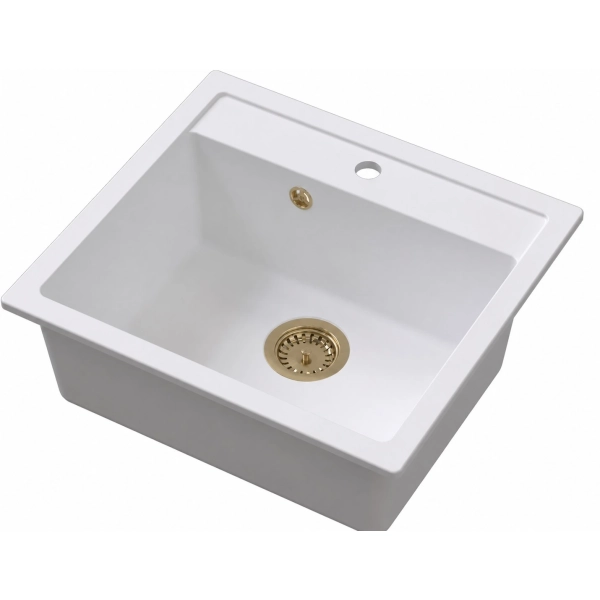 Zlewozmywak granitowy DITTO 60 biały 56x51 cm z syfonem PVD szampan, Ruvetti