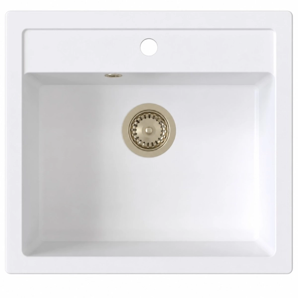 Zlewozmywak granitowy DITTO 60 biały 56x51 cm z syfonem PVD szampan, Ruvetti