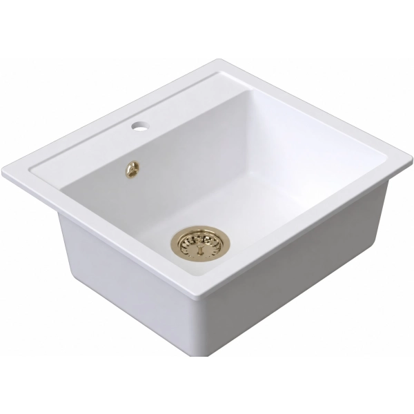 Zlewozmywak granitowy DITTO 60 biały 56x51 cm z syfonem PVD szampan, Ruvetti