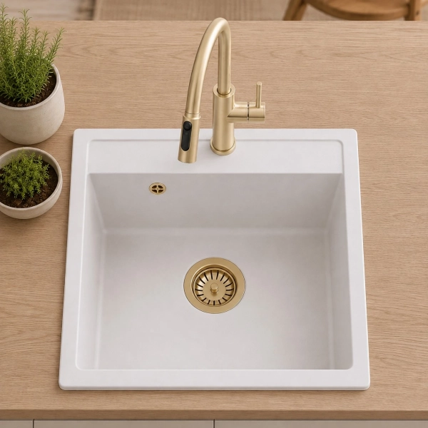 Zlewozmywak granitowy DITTO 60 biały 56x51 cm z syfonem PVD szampan, Ruvetti