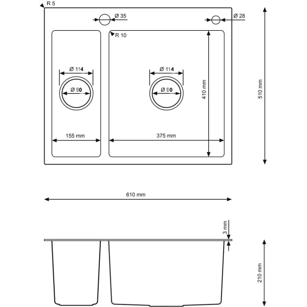 Zlewozmywak stalowy 1,5-komorowy MASIVO 65 stal szczotkowana 61x51 cm FM z ukrytym przelewem i syfonem manualnym Save Space, Ruvetti