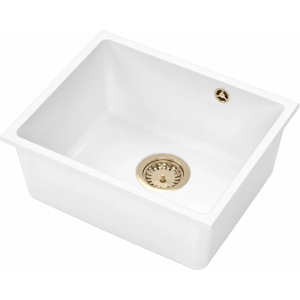 Zlewozmywak granitowy MIGO 50 biały 46x37,5 cm podwieszany z syfonem PVD szampan, Ruvetti
