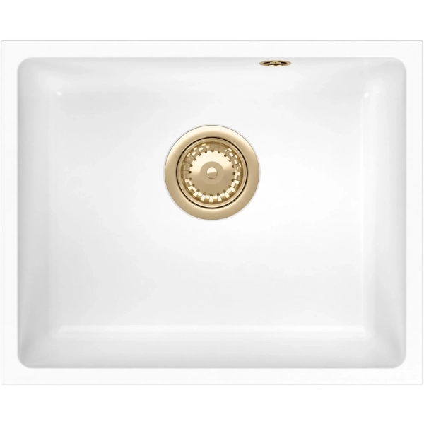 Zlewozmywak granitowy MIGO 50 biały 46x37,5 cm podwieszany z syfonem PVD szampan, Ruvetti