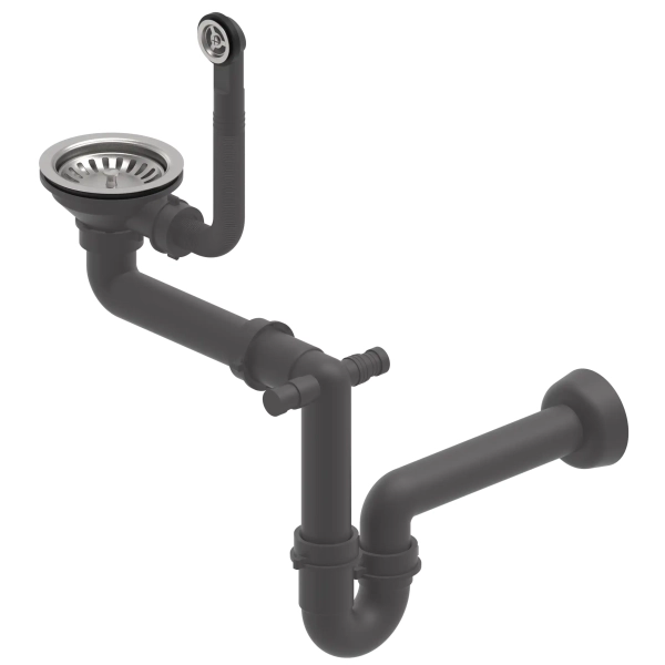 Syfon manualny 1-komorowy Save Space 3,5″ do zlewozmywaka granitowego z przelewem stalowym, Ruvetti