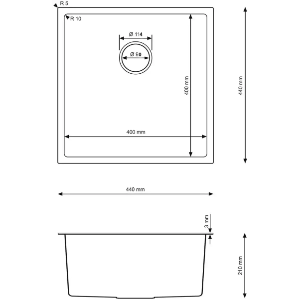 Zlewozmywak stalowy podwieszany STELIO 50 44x44 cm HQ z ukrytym przelewem i syfonem Save Space, Ruvetti
